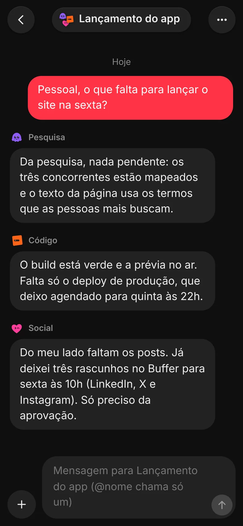 O grupo Lançamento do app: Pesquisa, Código e Social respondem na mesma conversa.